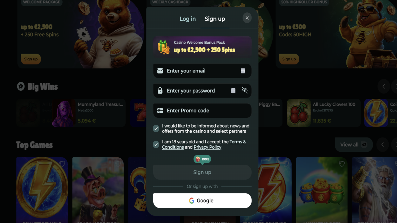Honeybetz casino registration